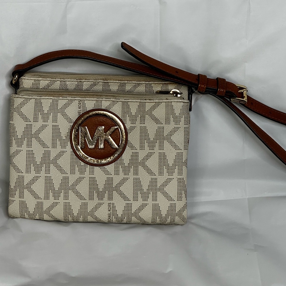 Michael Kors Cream and Brown Crossbody with Monogram Print
